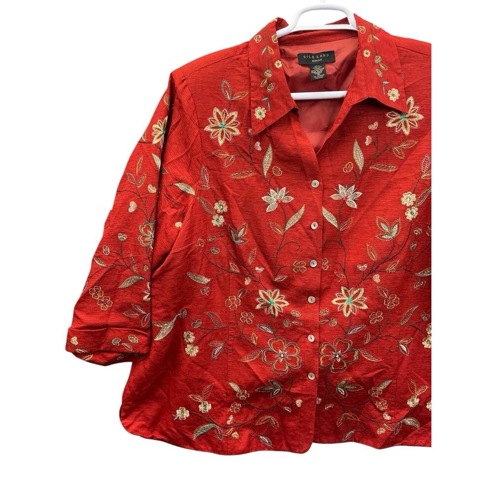Silk Land Red Floral Embroidered 100% Silk Jacket Blazer 3/4 sleeve SZ.3X - Picture 3 of 14